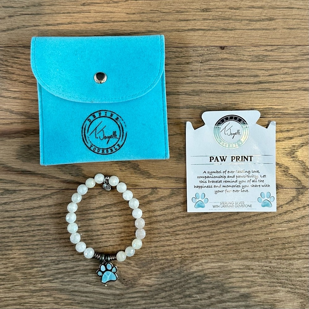 T. Jazelle Larimar Paw Print Sterling Silver Charm Beaded Bracelet